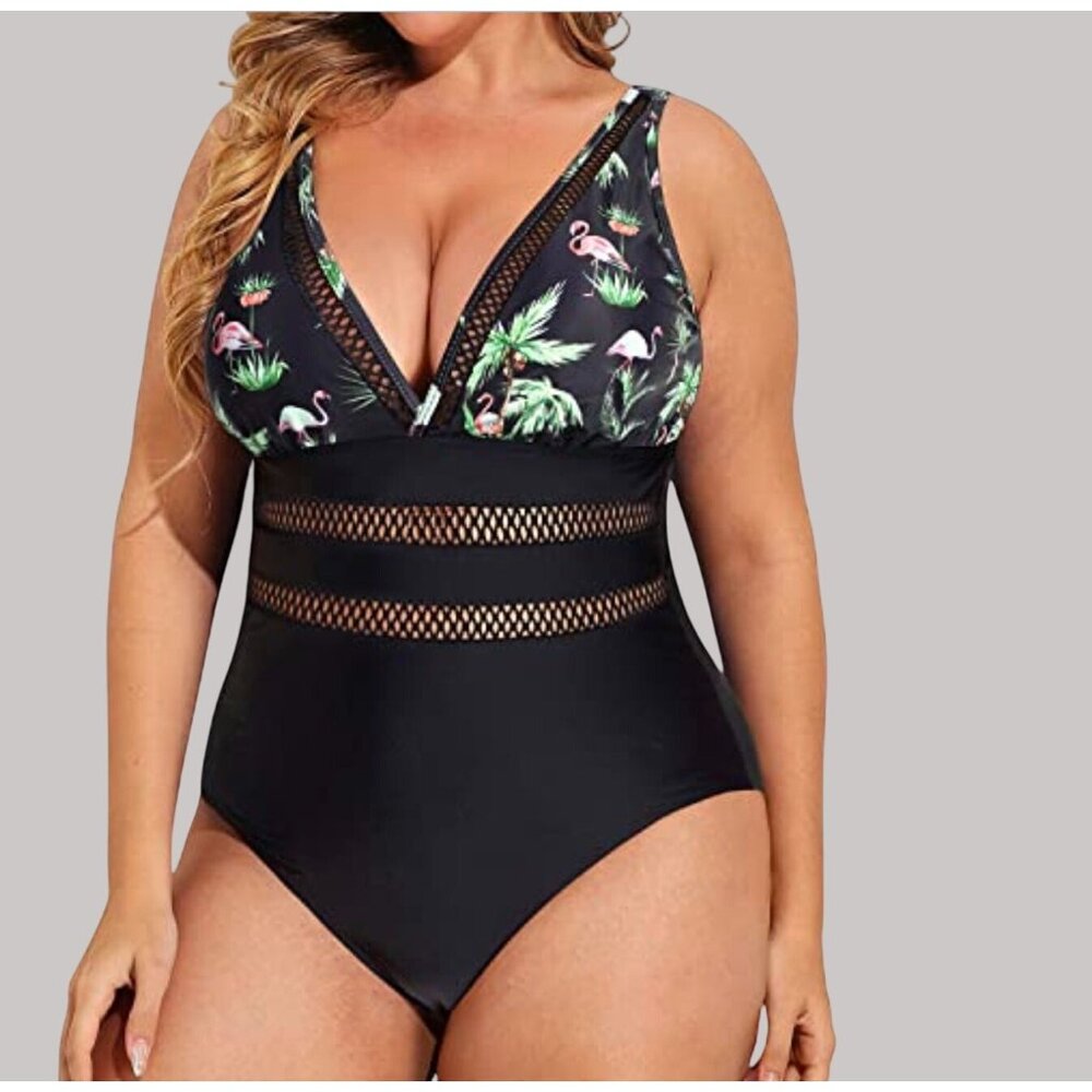 Daci Plus Size Flamingo One Piece Swimsuit 22W Mesh‎ Detail Adjustable Tropical